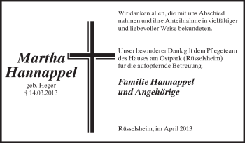 Traueranzeige von Martha Hannappel von Rüsselsheimer Echo, Groß-Gerauer-Echo, Ried Echo