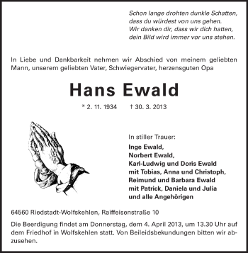 Traueranzeige von Hans Ewald von Rüsselsheimer Echo, Groß-Gerauer-Echo, Ried Echo