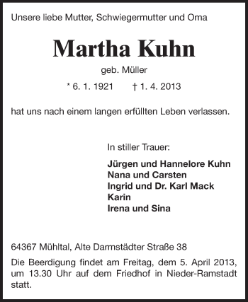 Traueranzeige von Martha Kuhn von Echo-Zeitungen (Gesamtausgabe)