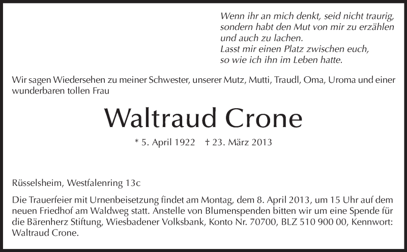  Traueranzeige für Waltraud Crone vom 06.04.2013 aus Rüsselsheimer Echo, Groß-Gerauer-Echo, Ried Echo