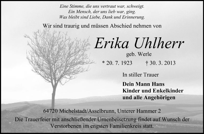  Traueranzeige für Erika Uhlherr vom 03.04.2013 aus Odenwälder Echo