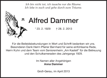 Traueranzeige von Alfred Dammer von Rüsselsheimer Echo, Groß-Gerauer-Echo, Ried Echo