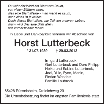 Traueranzeige von Horst Lutterbeck von Rüsselsheimer Echo, Groß-Gerauer-Echo, Ried Echo