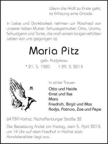 Traueranzeige von Maria Pitz von Odenwälder Echo