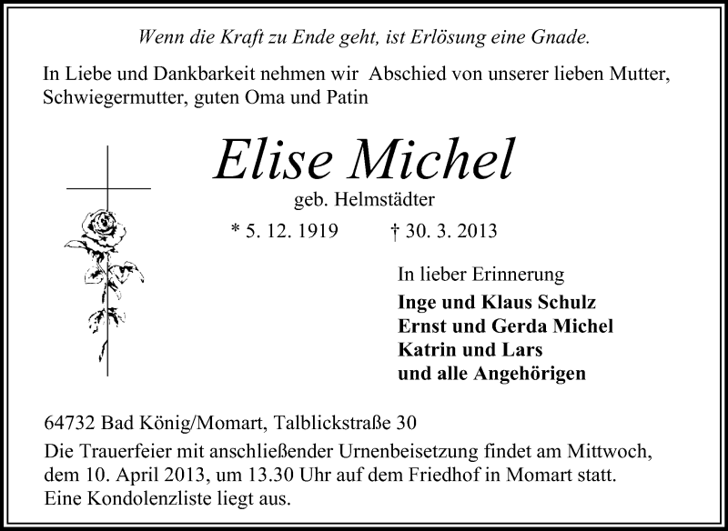  Traueranzeige für Elise Michel vom 03.04.2013 aus Odenwälder Echo