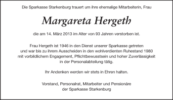 Traueranzeige von Margareta Hergeth von Starkenburger Echo