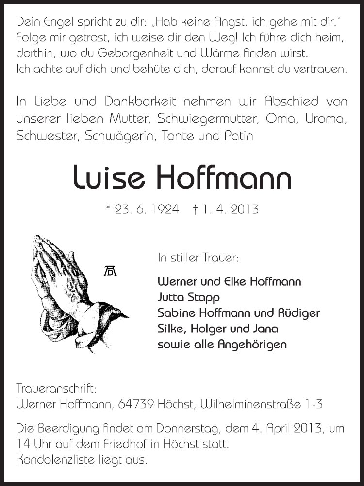  Traueranzeige für Luise Hoffmann vom 03.04.2013 aus Odenwälder Echo