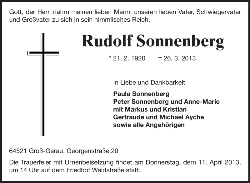  Traueranzeige für Rudolf Sonnenberg vom 06.04.2013 aus Rüsselsheimer Echo, Groß-Gerauer-Echo, Ried Echo