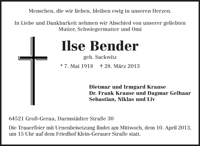  Traueranzeige für Ilse Bender vom 05.04.2013 aus Rüsselsheimer Echo, Groß-Gerauer-Echo, Ried Echo
