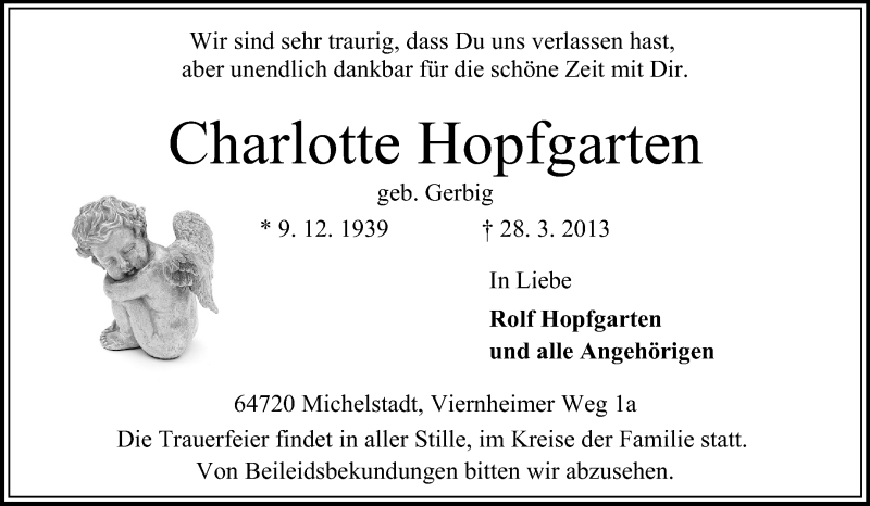  Traueranzeige für Charlotte Hopfgarten vom 03.04.2013 aus Odenwälder Echo