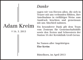 Traueranzeige von Adam Kreim von Rüsselsheimer Echo, Groß-Gerauer-Echo, Ried Echo