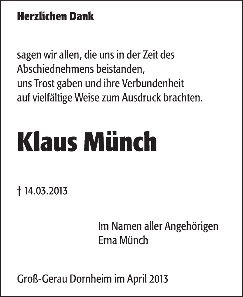  Traueranzeige für Klaus Münch  vom 06.04.2013 aus Rüsselsheimer Echo, Groß-Gerauer-Echo, Ried Echo
