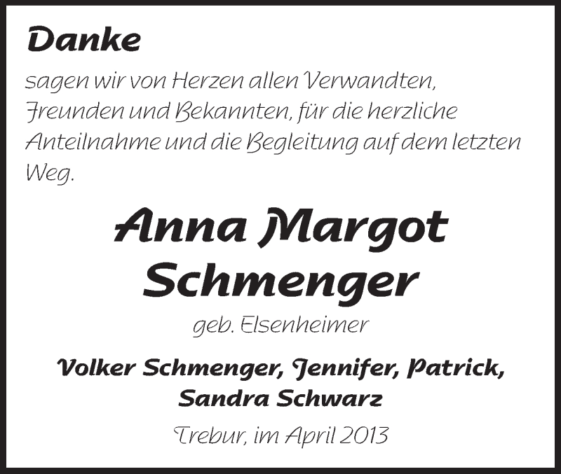  Traueranzeige für Anna Margot Schmenger vom 06.04.2013 aus Rüsselsheimer Echo, Groß-Gerauer-Echo, Ried Echo