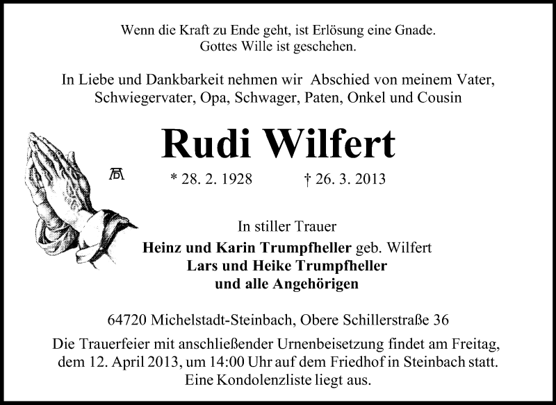  Traueranzeige für Rudi Wilfert vom 06.04.2013 aus Odenwälder Echo