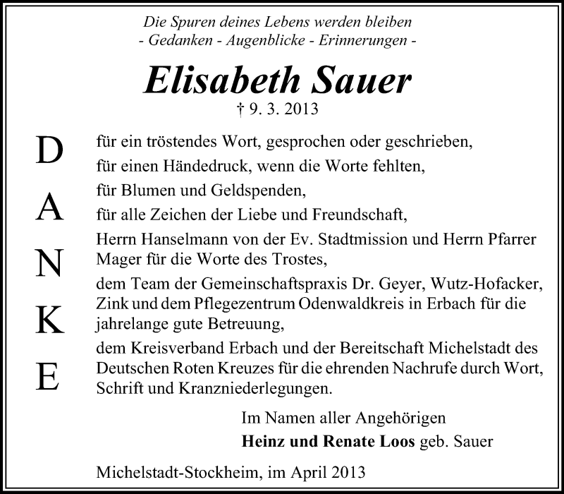  Traueranzeige für Elisabeth Sauer vom 13.04.2013 aus Odenwälder Echo