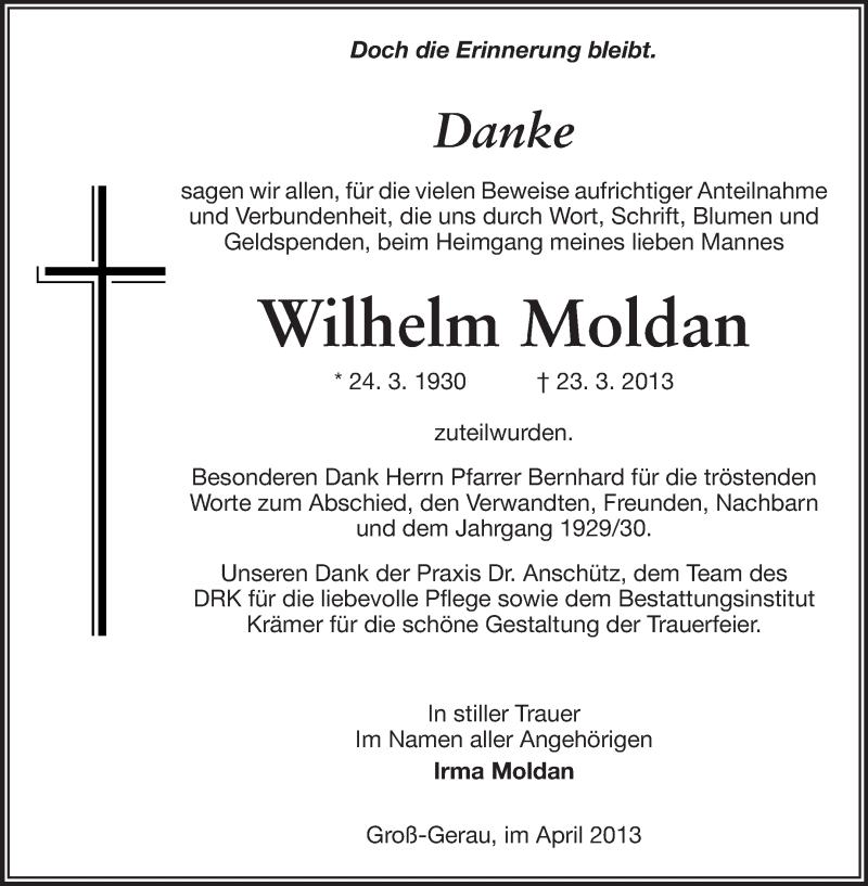  Traueranzeige für Wilhelm Moldan vom 06.04.2013 aus Rüsselsheimer Echo, Groß-Gerauer-Echo, Ried Echo