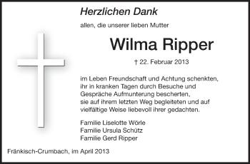 Traueranzeige von Wilma Ripper von Odenwälder Echo
