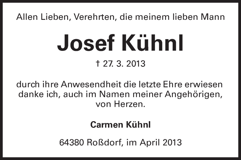  Traueranzeige für Josef Kühnl vom 06.04.2013 aus Echo-Zeitungen (Gesamtausgabe)