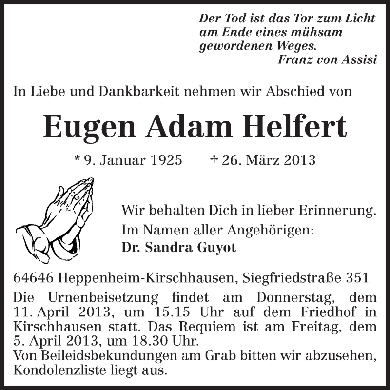  Traueranzeige für Eugen Adam Helfert vom 04.04.2013 aus Starkenburger Echo