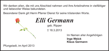 Traueranzeige von Elli Germann von Echo-Zeitungen (Gesamtausgabe)