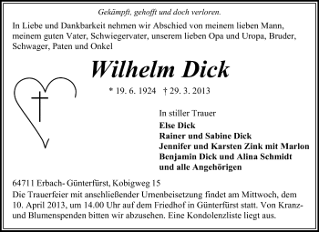 Traueranzeige von Wilhelm Dick von Odenwälder Echo