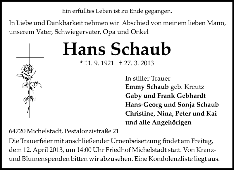 Traueranzeige für Hans Schaub vom 06.04.2013 aus Odenwälder Echo