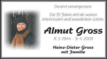 Traueranzeige von Almut Gross von Echo-Zeitungen (Gesamtausgabe)