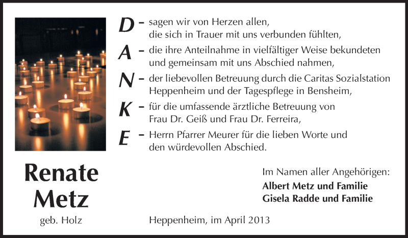  Traueranzeige für Renate Metz vom 06.04.2013 aus Starkenburger Echo