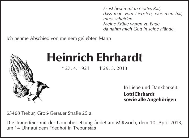  Traueranzeige für Heinrich Ehrhardt vom 05.04.2013 aus Rüsselsheimer Echo, Groß-Gerauer-Echo, Ried Echo