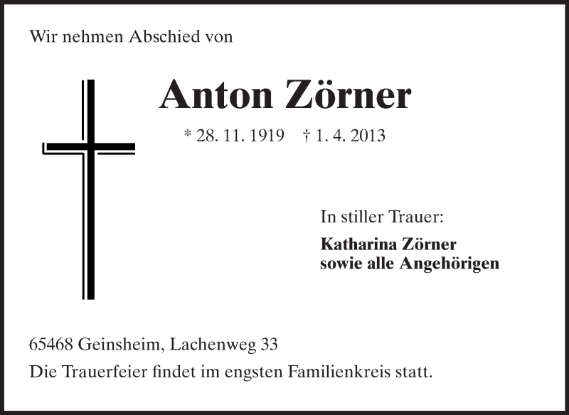  Traueranzeige für Anton Zörner vom 06.04.2013 aus Rüsselsheimer Echo, Groß-Gerauer-Echo, Ried Echo