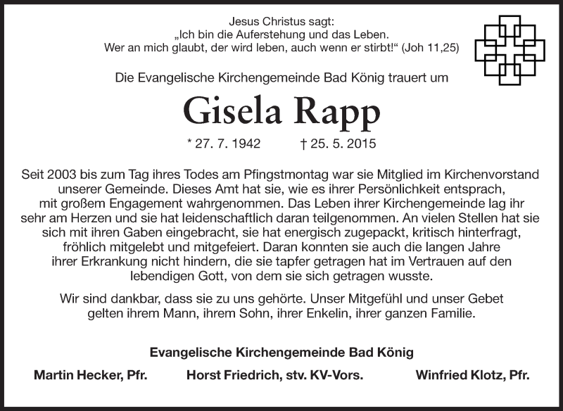  Traueranzeige für Gisela Rapp vom 30.05.2015 aus Odenwälder Echo