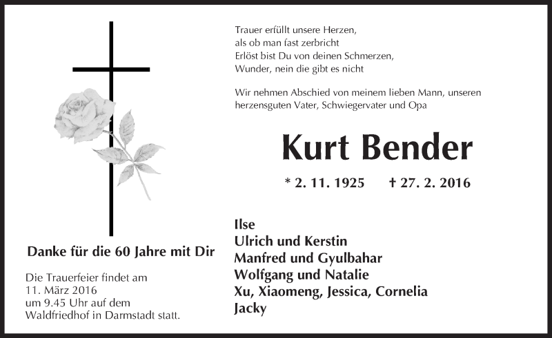  Traueranzeige für Kurt Bender vom 05.03.2016 aus Echo Medien GmbH