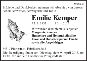 Traueranzeige von Emilie Kemper von Echo-Zeitungen (Gesamtausgabe)