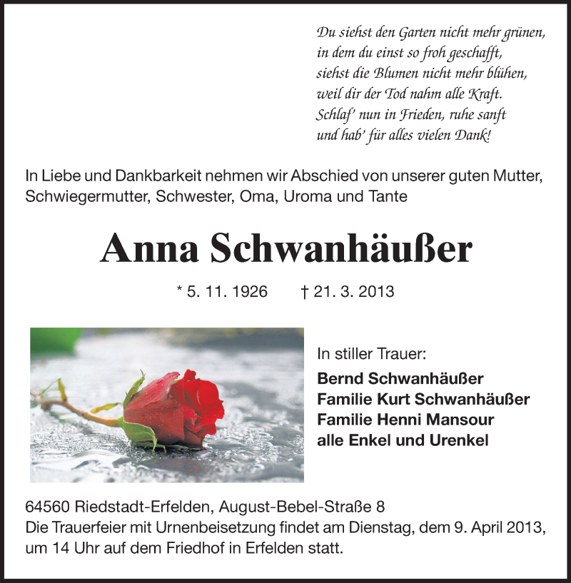  Traueranzeige für Anna Schwanhäußer vom 06.04.2013 aus Rüsselsheimer Echo, Groß-Gerauer-Echo, Ried Echo