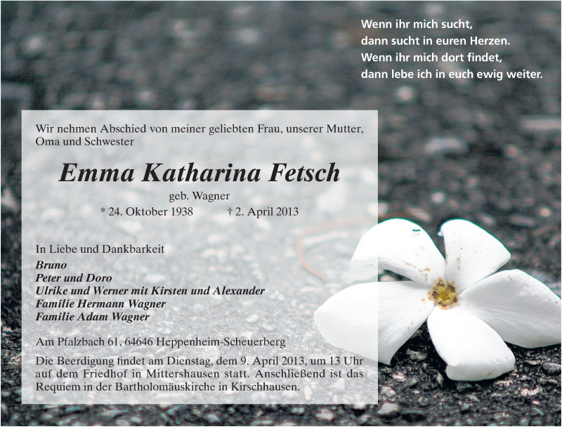  Traueranzeige für Emma Katharina Fetsch vom 05.04.2013 aus Starkenburger Echo, Bergsträßer Anzeiger