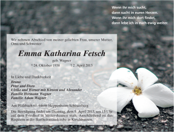 Traueranzeige von Emma Katharina Fetsch von Starkenburger Echo, Bergsträßer Anzeiger