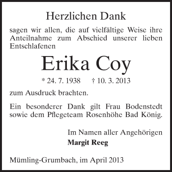 Traueranzeige von Erika Coy von Odenwälder Echo