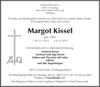 Traueranzeige von Margot Kissel von Rüsselsheimer Echo, Groß-Gerauer-Echo, Ried Echo