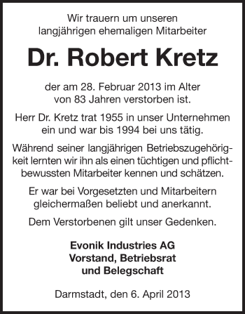 Traueranzeige von Robert Kretz von Echo-Zeitungen (Gesamtausgabe)