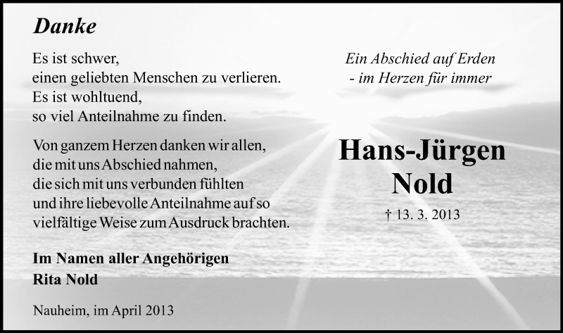  Traueranzeige für Hans-Jürgen Nold vom 06.04.2013 aus Rüsselsheimer Echo, Groß-Gerauer-Echo, Ried Echo