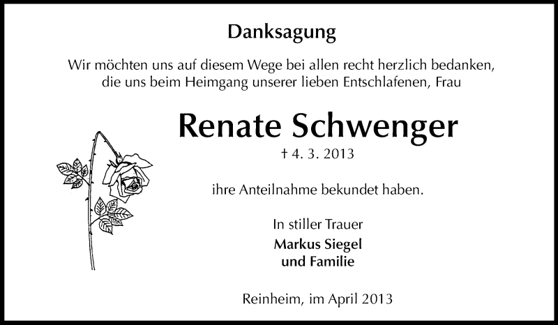  Traueranzeige für Renate Schwenger vom 06.04.2013 aus Rüsselsheimer Echo, Groß-Gerauer-Echo, Ried Echo