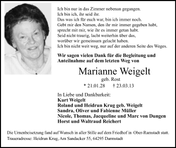 Traueranzeige von Marianne Weigelt von Echo-Zeitungen (Gesamtausgabe)