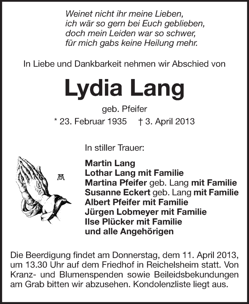  Traueranzeige für Lydia Lang vom 08.04.2013 aus Odenwälder Echo