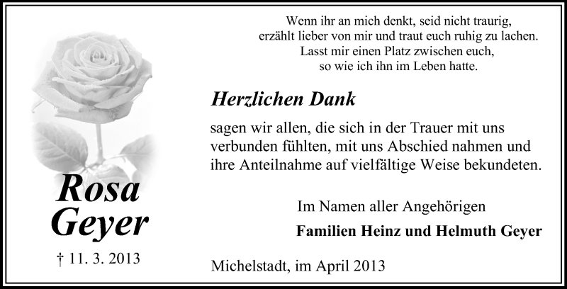  Traueranzeige für Rosa Geyer vom 06.04.2013 aus Odenwälder Echo