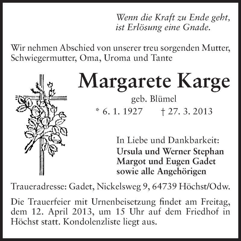  Traueranzeige für Margarete Karge vom 09.04.2013 aus Odenwälder Echo