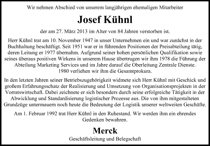  Traueranzeige für Josef Kühnl vom 06.04.2013 aus Echo-Zeitungen (Gesamtausgabe)