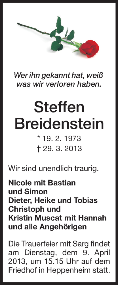  Traueranzeige für Steffen Breidenstein vom 06.04.2013 aus Starkenburger Echo