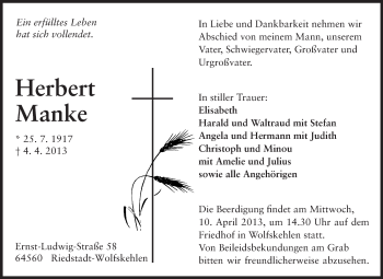 Traueranzeige von Herbert Manke von Rüsselsheimer Echo, Groß-Gerauer-Echo, Ried Echo