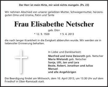 Traueranzeige von Elisabethe Netscher von Darmstädter Echo, Odenwälder Echo, Rüsselsheimer Echo, Groß-Gerauer-Echo, Ried Echo