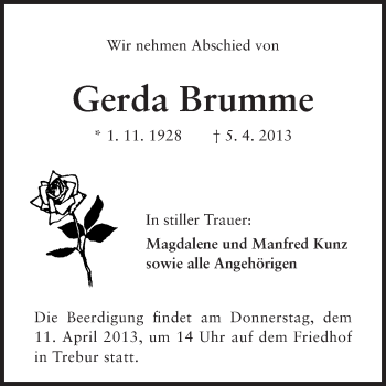 Traueranzeige von Gerda Brumme von Rüsselsheimer Echo, Groß-Gerauer-Echo, Ried Echo